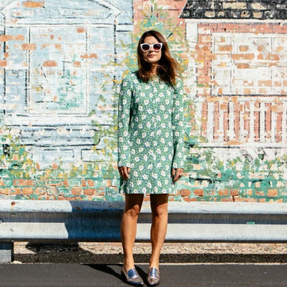 Marni Mini Shift Dress Womens 38 2 US Small Green Blue Crew Neck  Floral Button